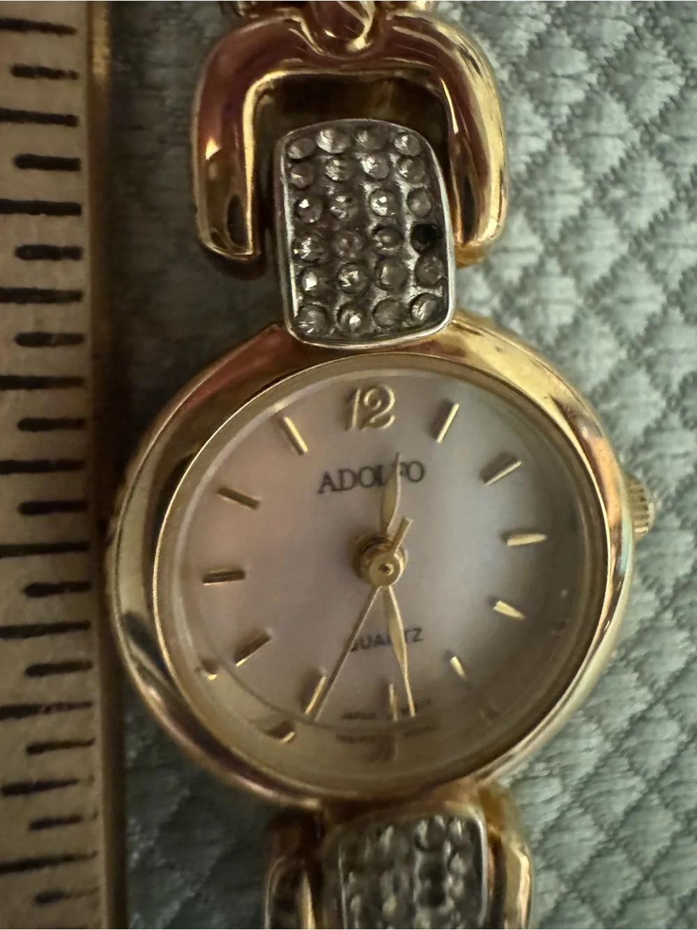 Adolfo Gold Tone Crystal Accent Women's Watch with Mother-of-Pearl Dial Works!